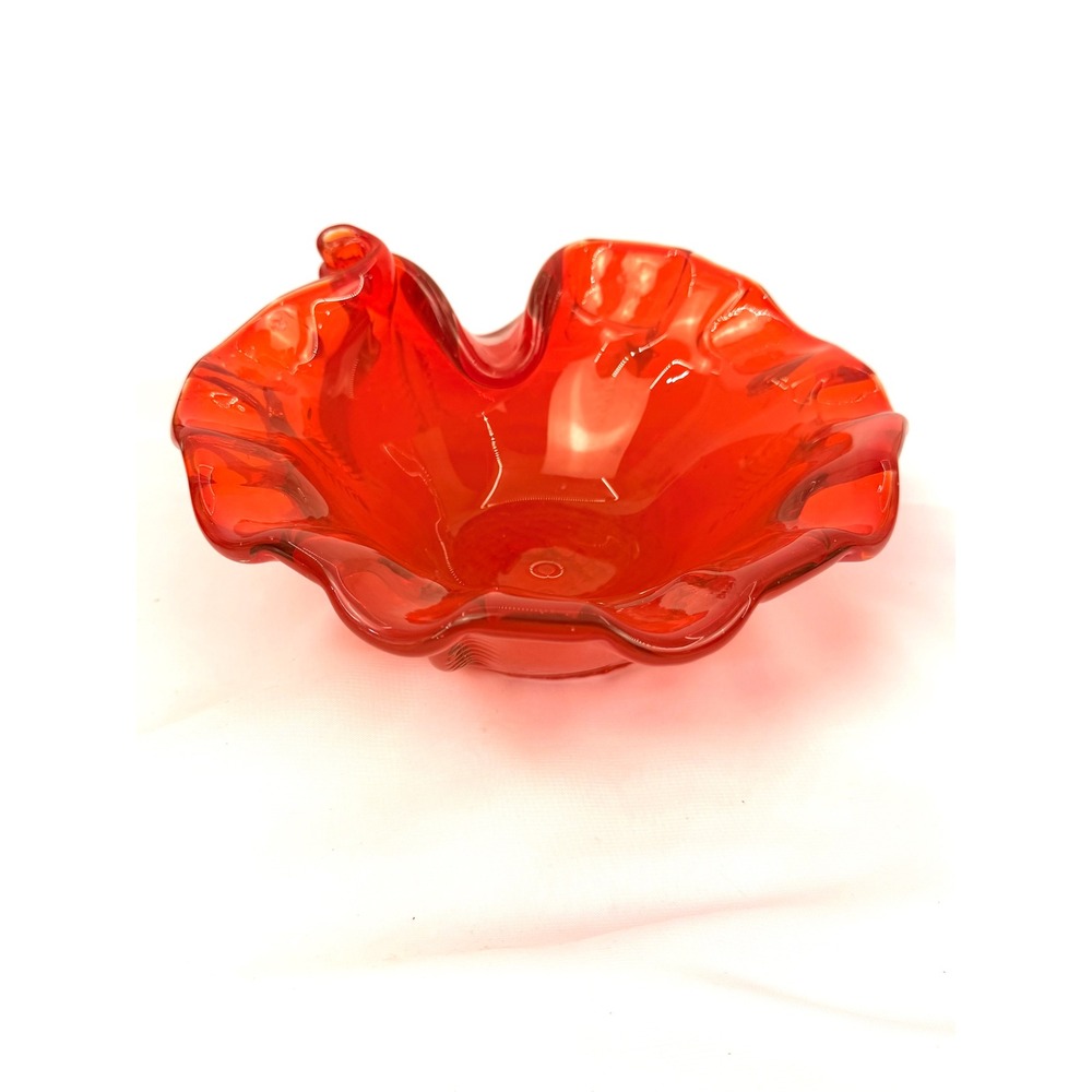 Vintage Chalet Style Red Orange Art Glass Ashtray Bowl Waffle Base MCM 7 inch